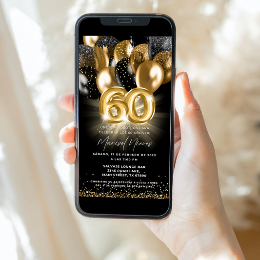 Spanish 60th birthday invitation shown on a phone, featuring black and gold balloons and elegant design elements.