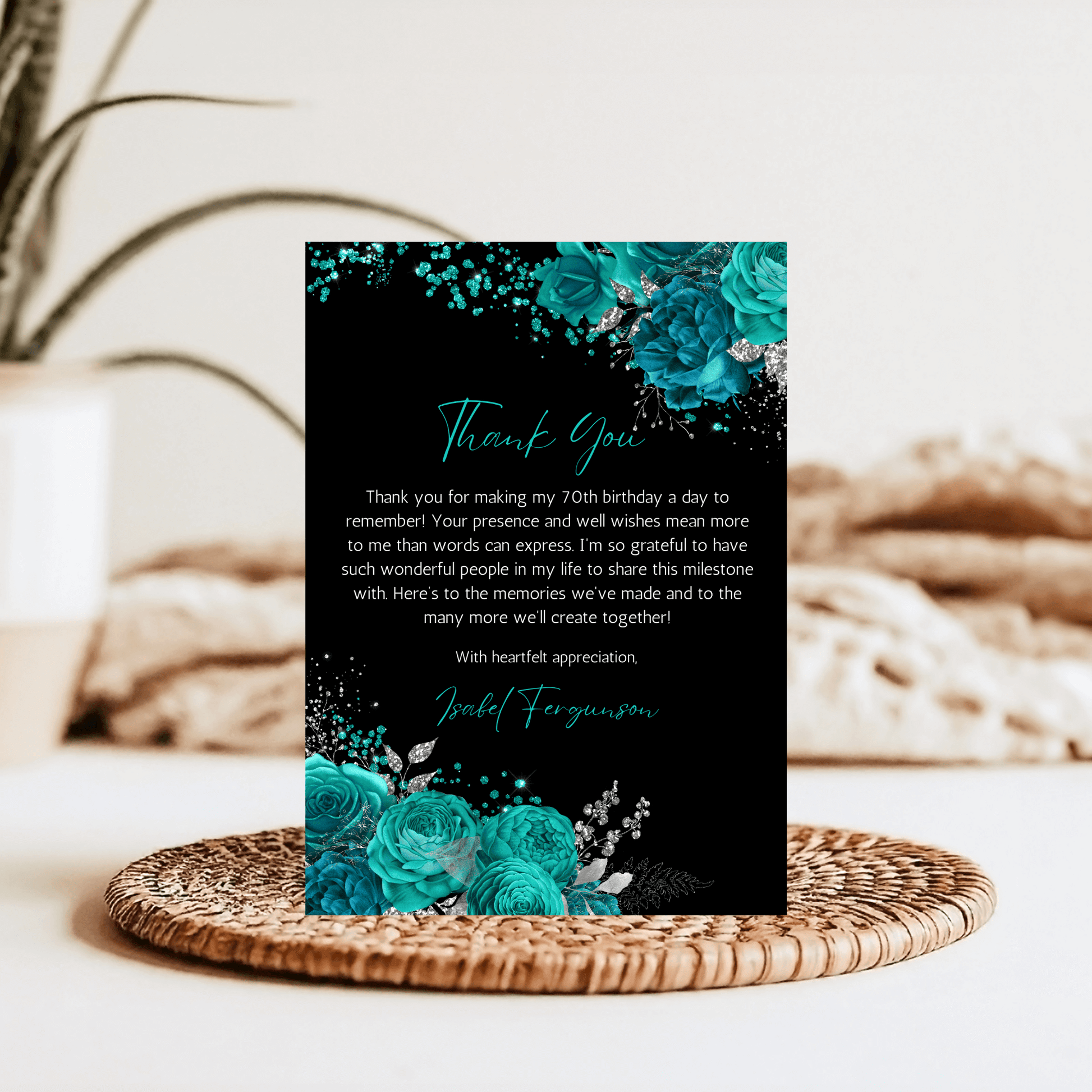 Teal Silver Thank You Card Template