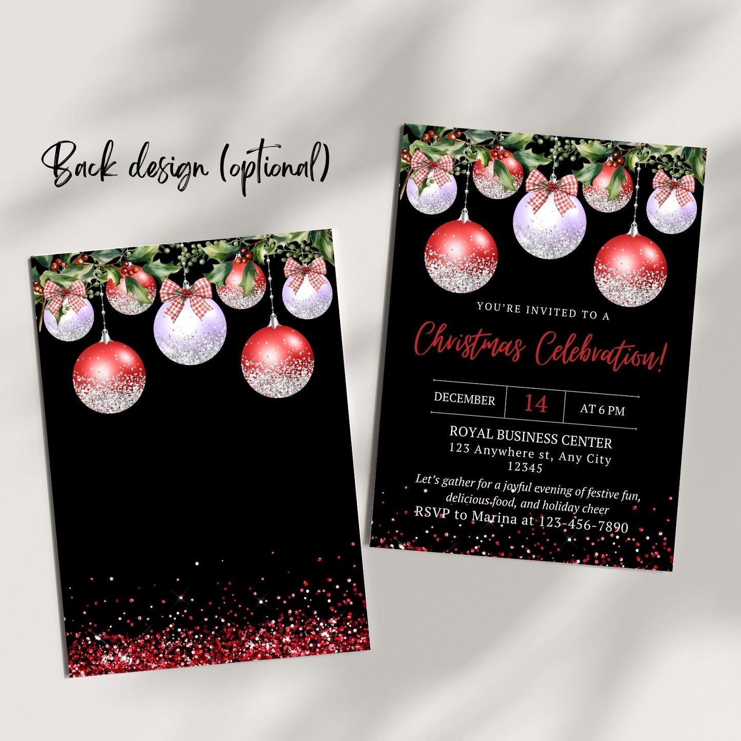 Red and silver ornaments Christmas party invitation with customizable details and RSVP on elegant black background.