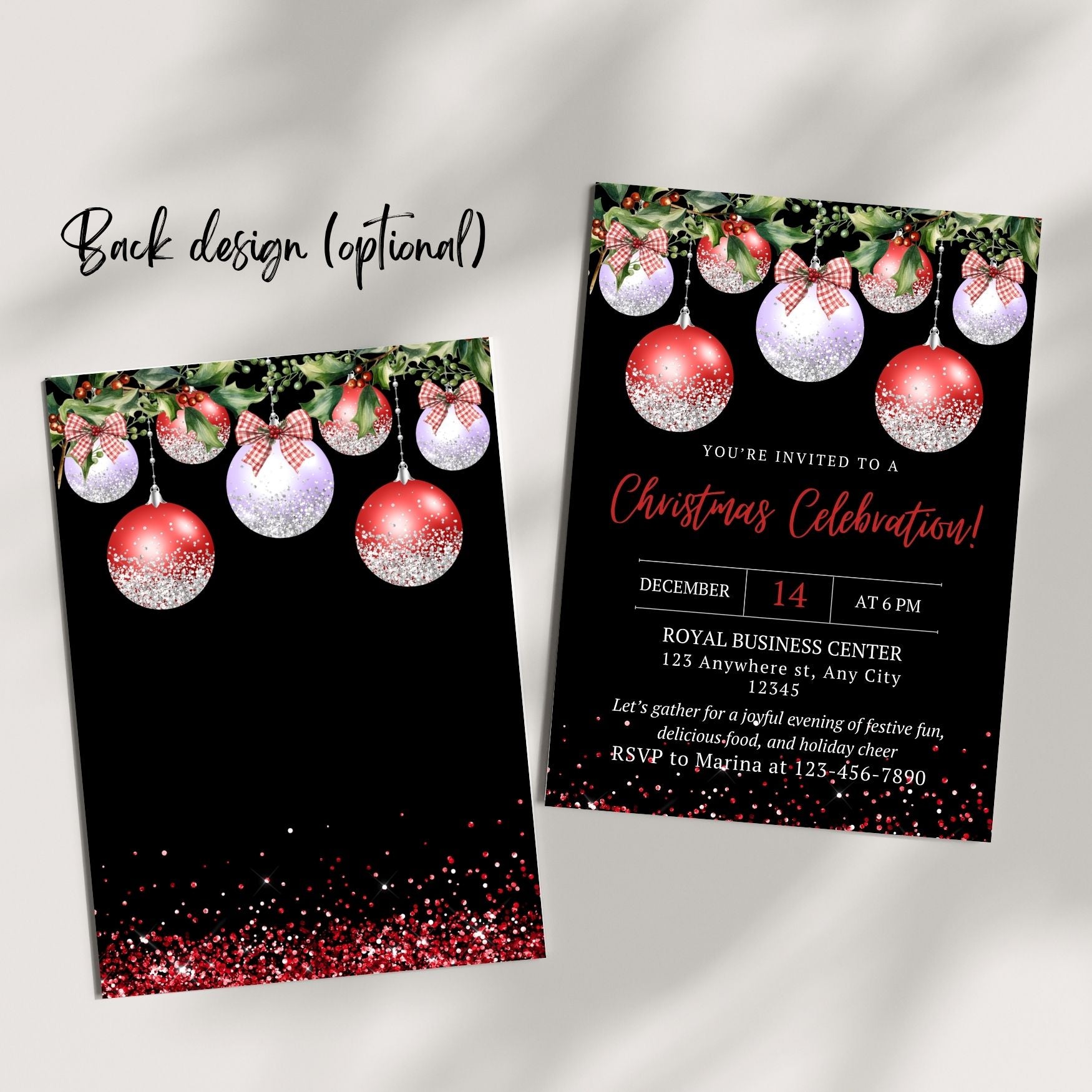 Red and silver ornaments Christmas party invitation with customizable details and RSVP on elegant black background.