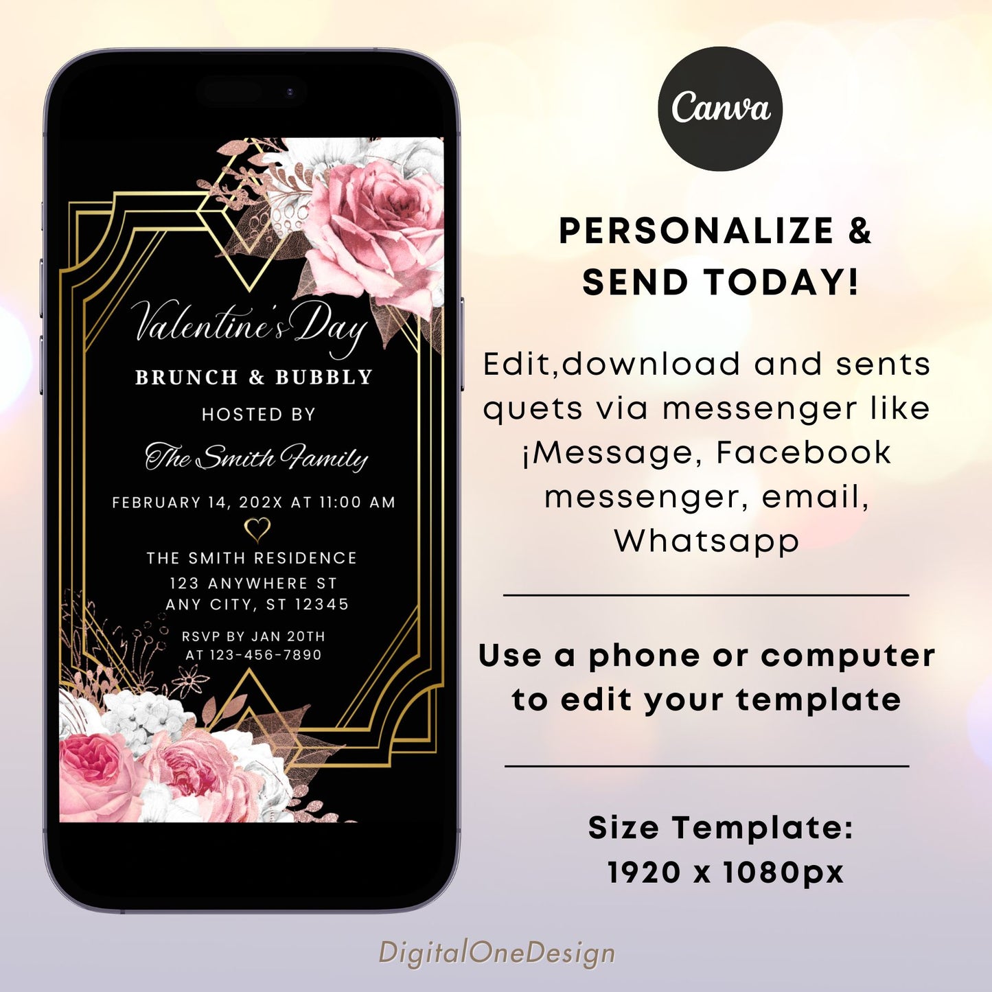 Art Deco Pink Floral Brunch and Bubbly Invite