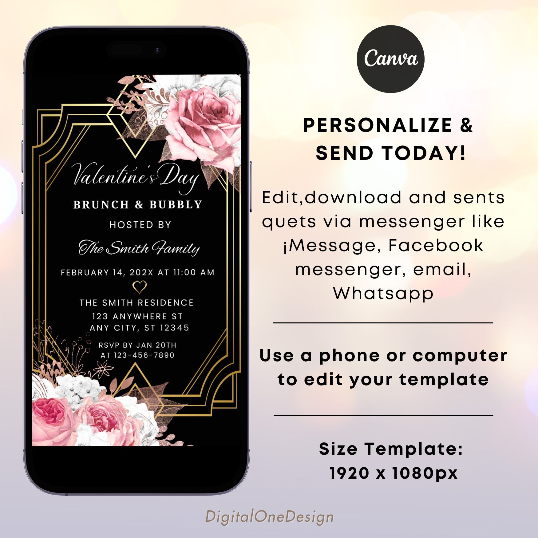 Art Deco Pink Floral Brunch and Bubbly Invite