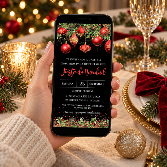Spanish Christmas Party Invitation with Red Ornaments displayed on a phone surrounded by festive decor.