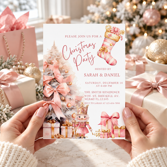 Editable Pink Nutcracker and Tree Christmas Invite template showcasing a festive Christmas party invitation.