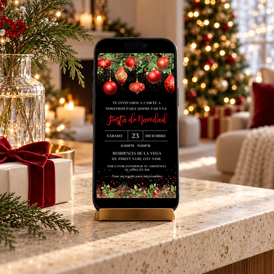 Spanish Christmas Party Invitation with Red Ornaments displayed on a phone amidst festive holiday decor.