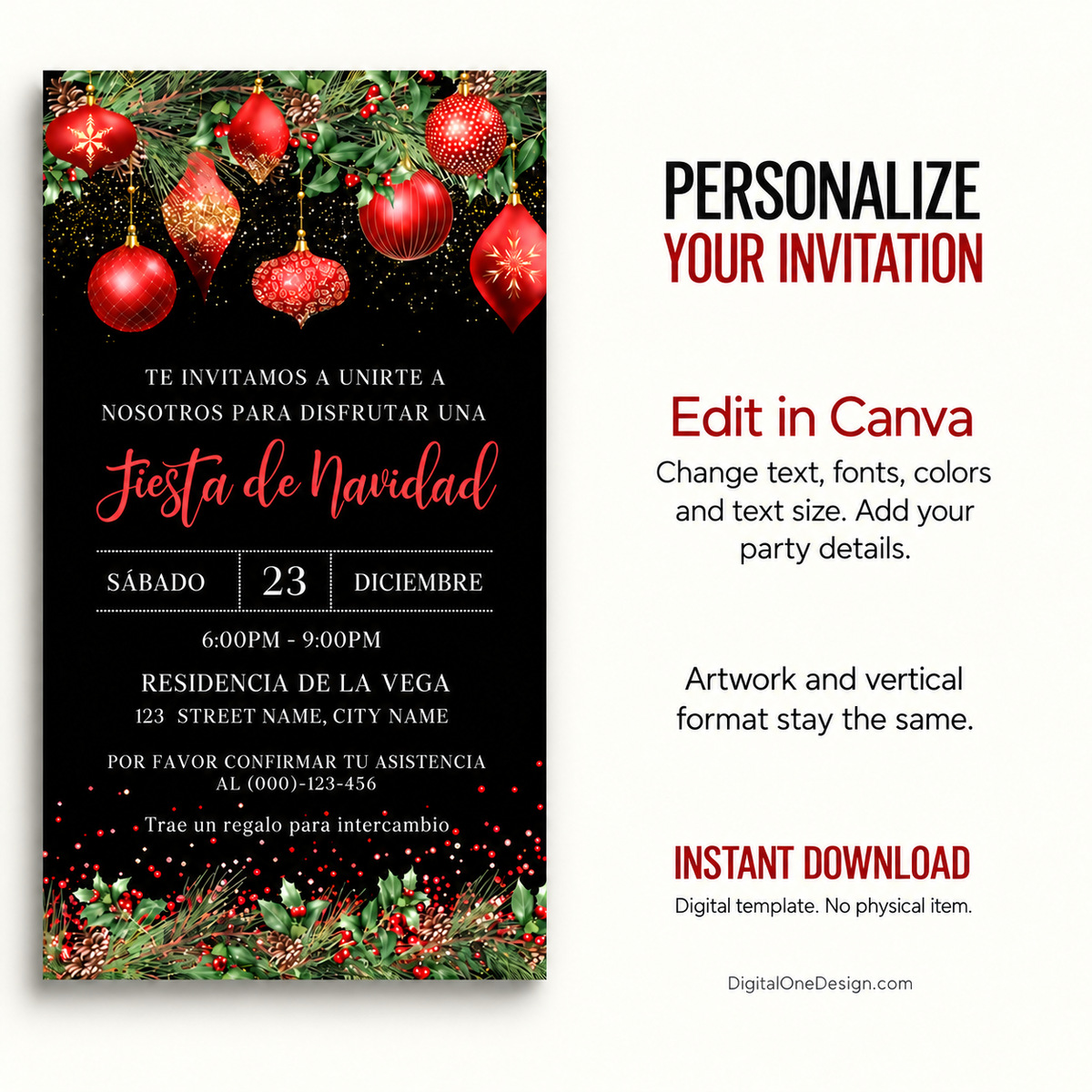 Spanish Christmas Party Invitation with Red Ornaments featuring festive design and red ornaments for Christmas celebration.