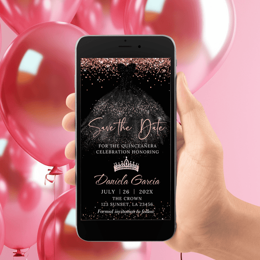 Editable Rose gold Qunceanera Save the Date Invitation template