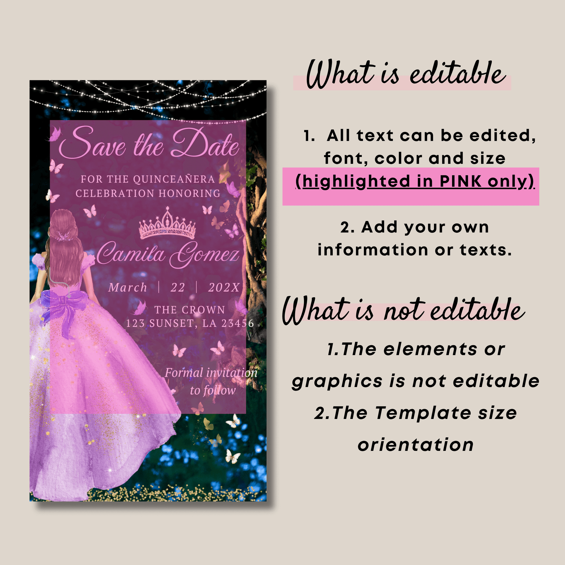 Editable Enchanted Forest Quinceañera save the date invitation 