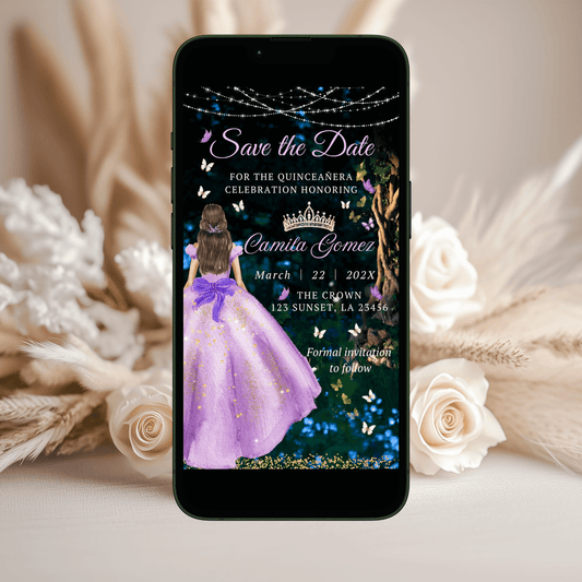 Enchanted Forest Quinceañera save the date evite featuring a girl in a purple dress