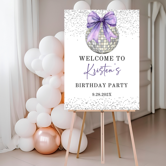 Purple Bow & Disco Ball Birthday Party Welcome Sign template