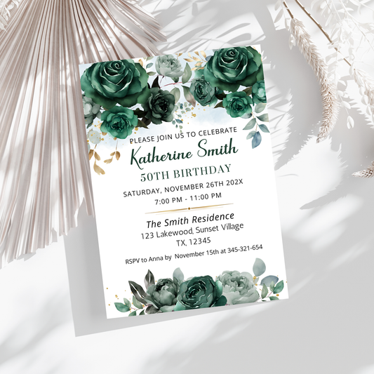 Emerald Green Floral Birthday Party Invite