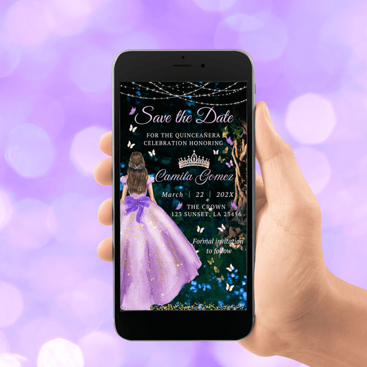 Enchanted Forest Quinceañera with purple dress theme, Save the date invitation