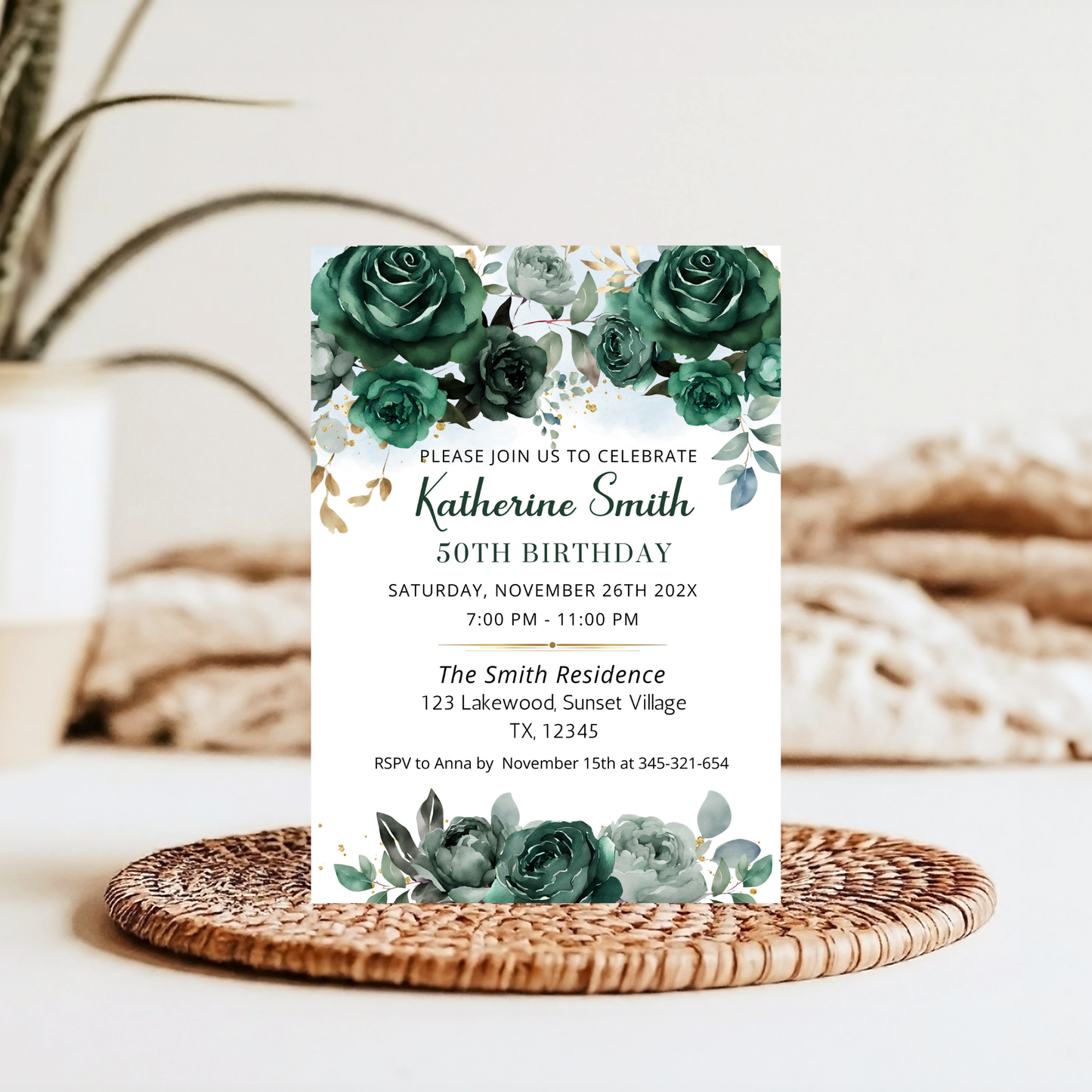 Emerald Green Floral Birthday Party Invite