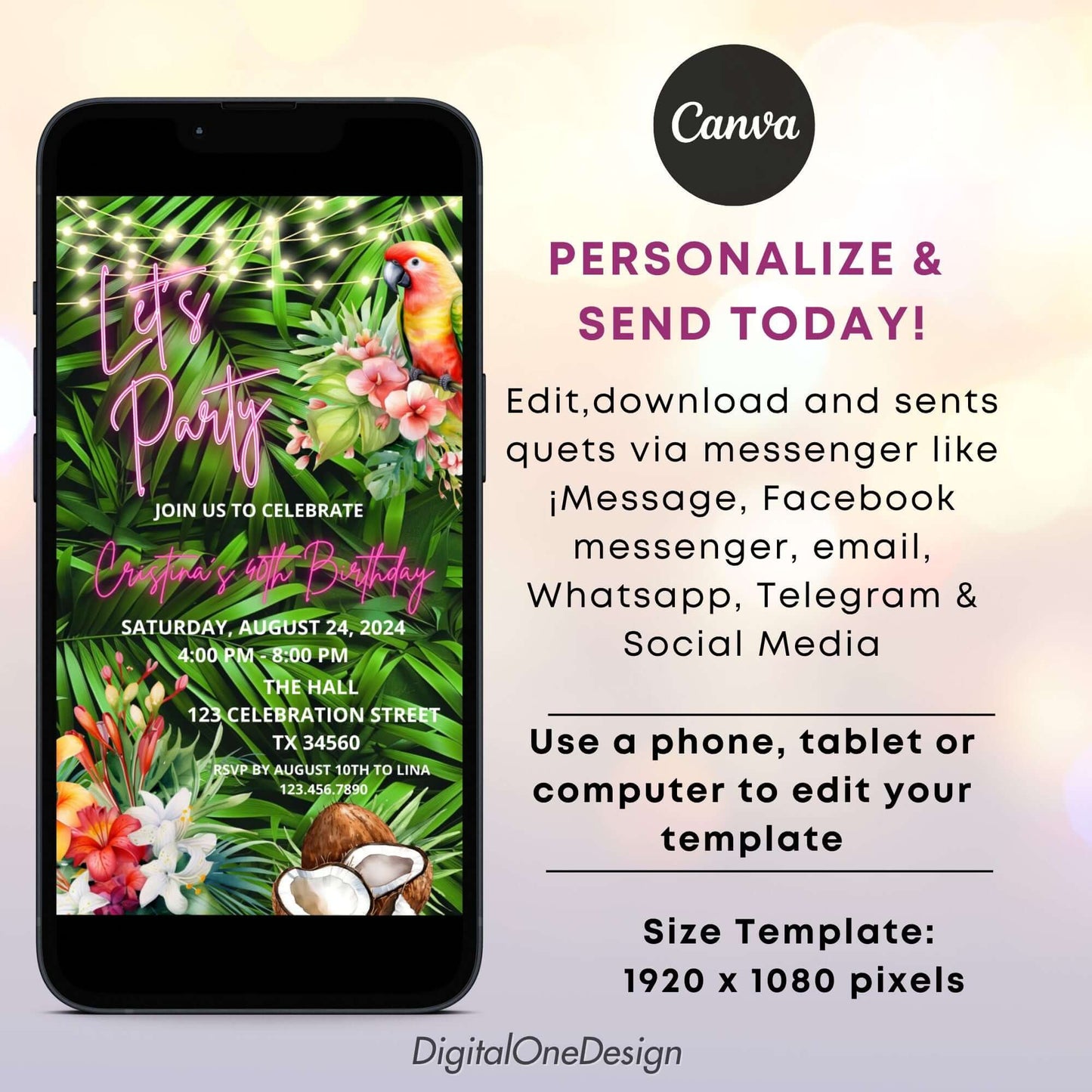 Colorful tropical birthday invitation with neon text and palm leaves. Perfect for any age celebration on mobile.