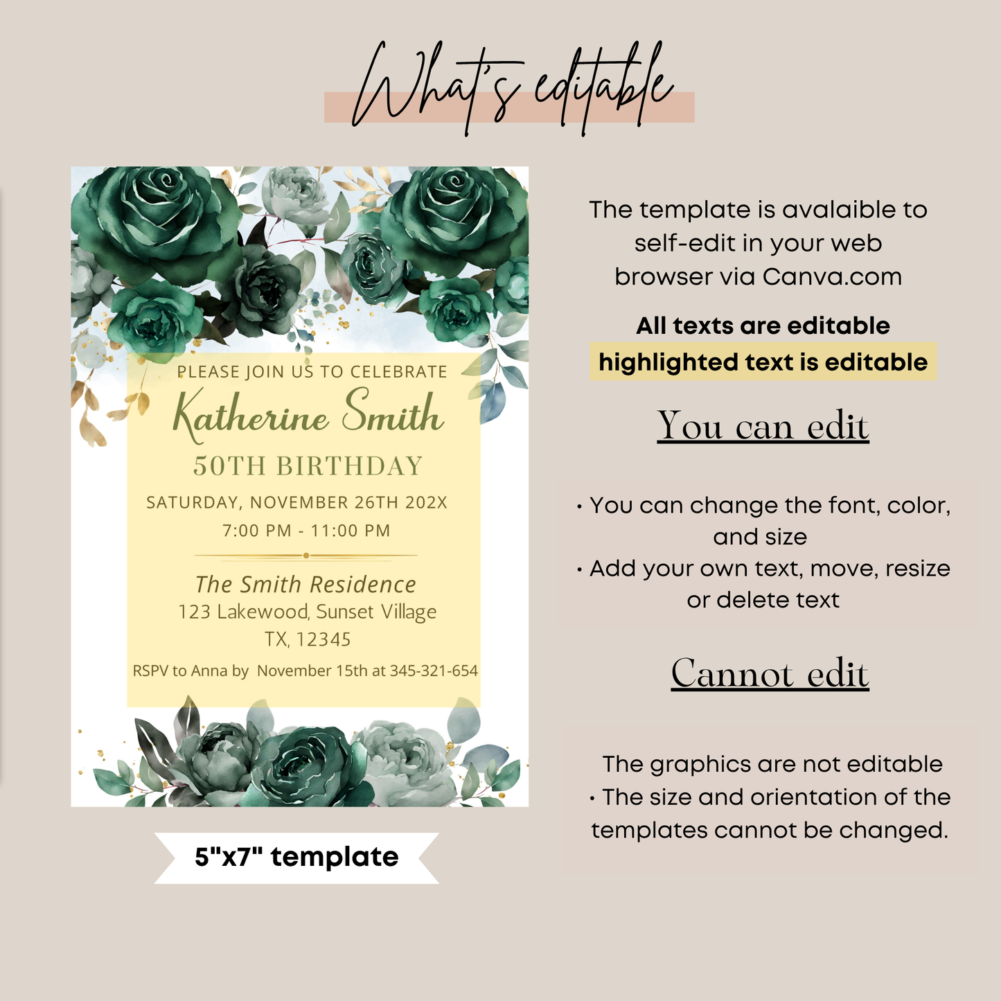 Emerald Green Floral Birthday Party Invite