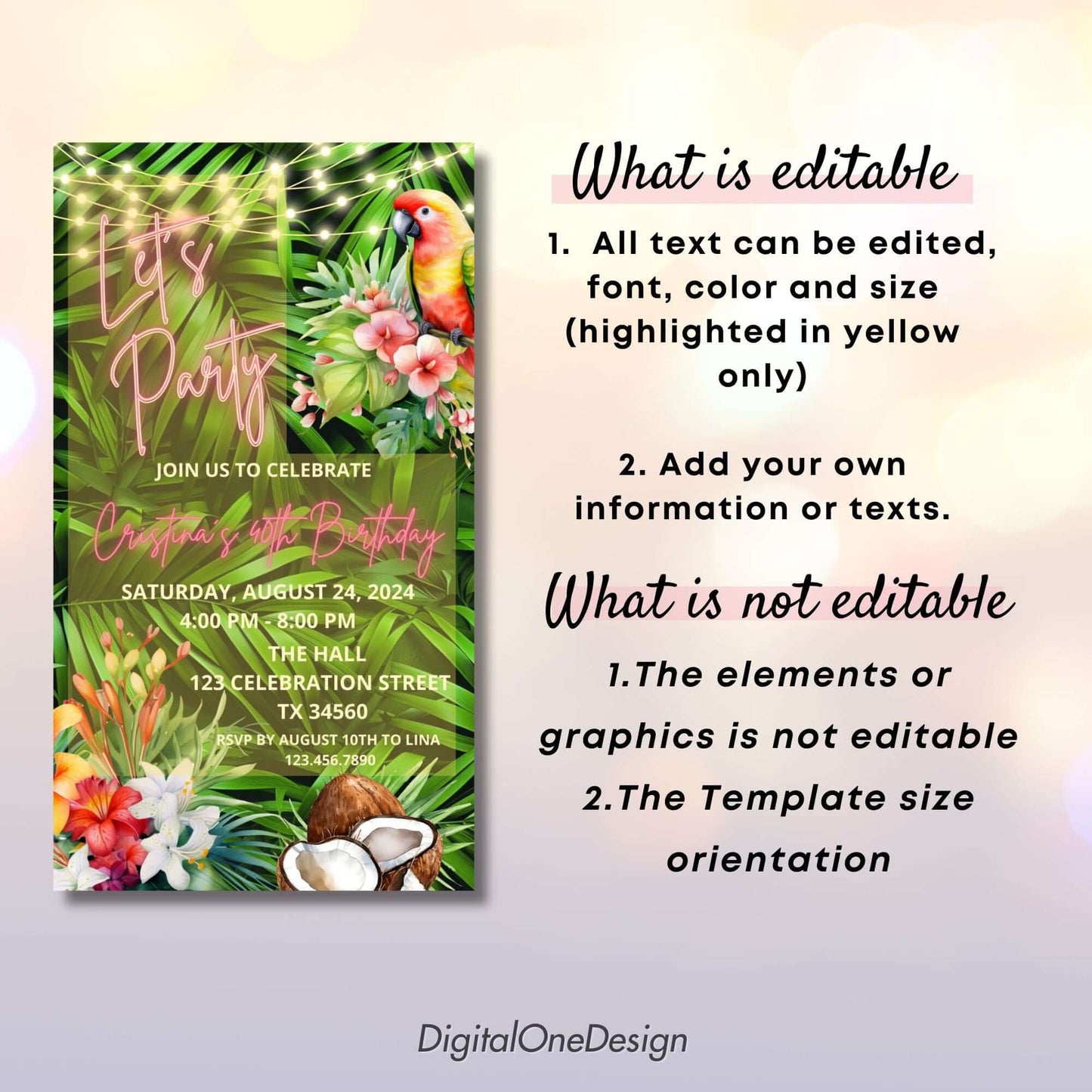 Digital Tropical Birthday Invitation with neon text and palm leaves, editable details for any age celebration.