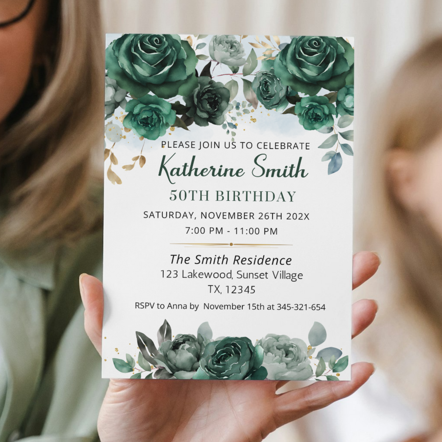 Emerald Green Floral Birthday Party Invite