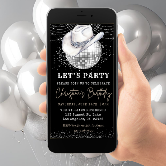 Let's Party Western Hat & Silver Disco Ball Birthday Invite