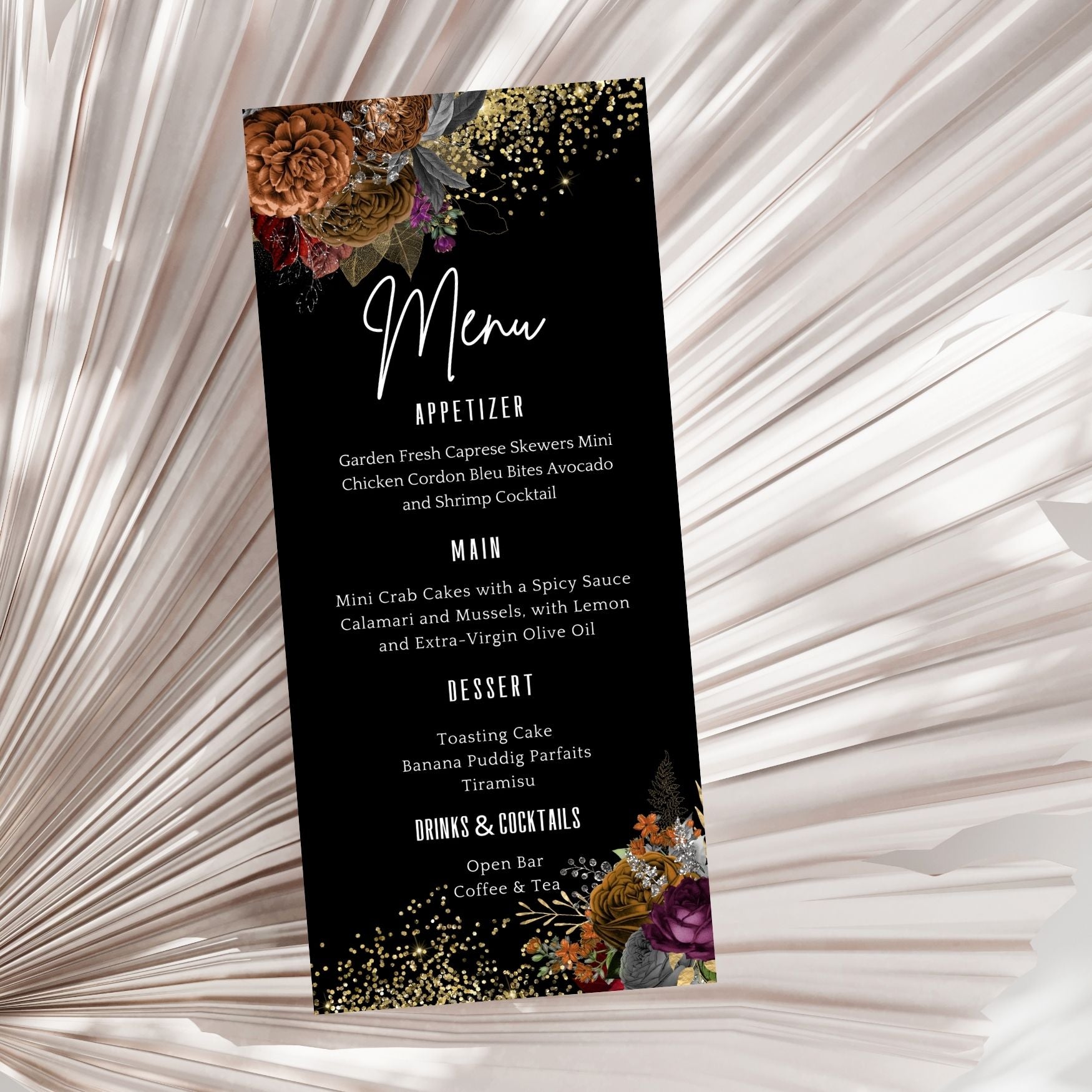 Floral Thanksgiving Menu card with appetizer, main, and dessert options on a decorative background