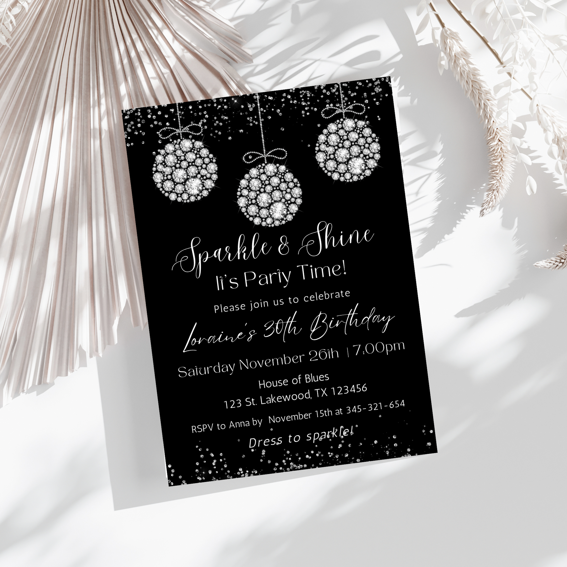 Sparkle and Shine Elegant Diamonds Birthday Party Invitation