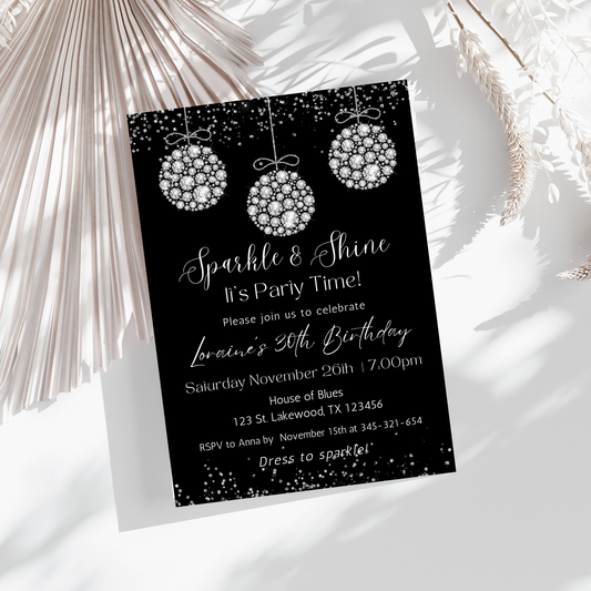 Sparkle and Shine Elegant Diamonds Birthday Party Invitation