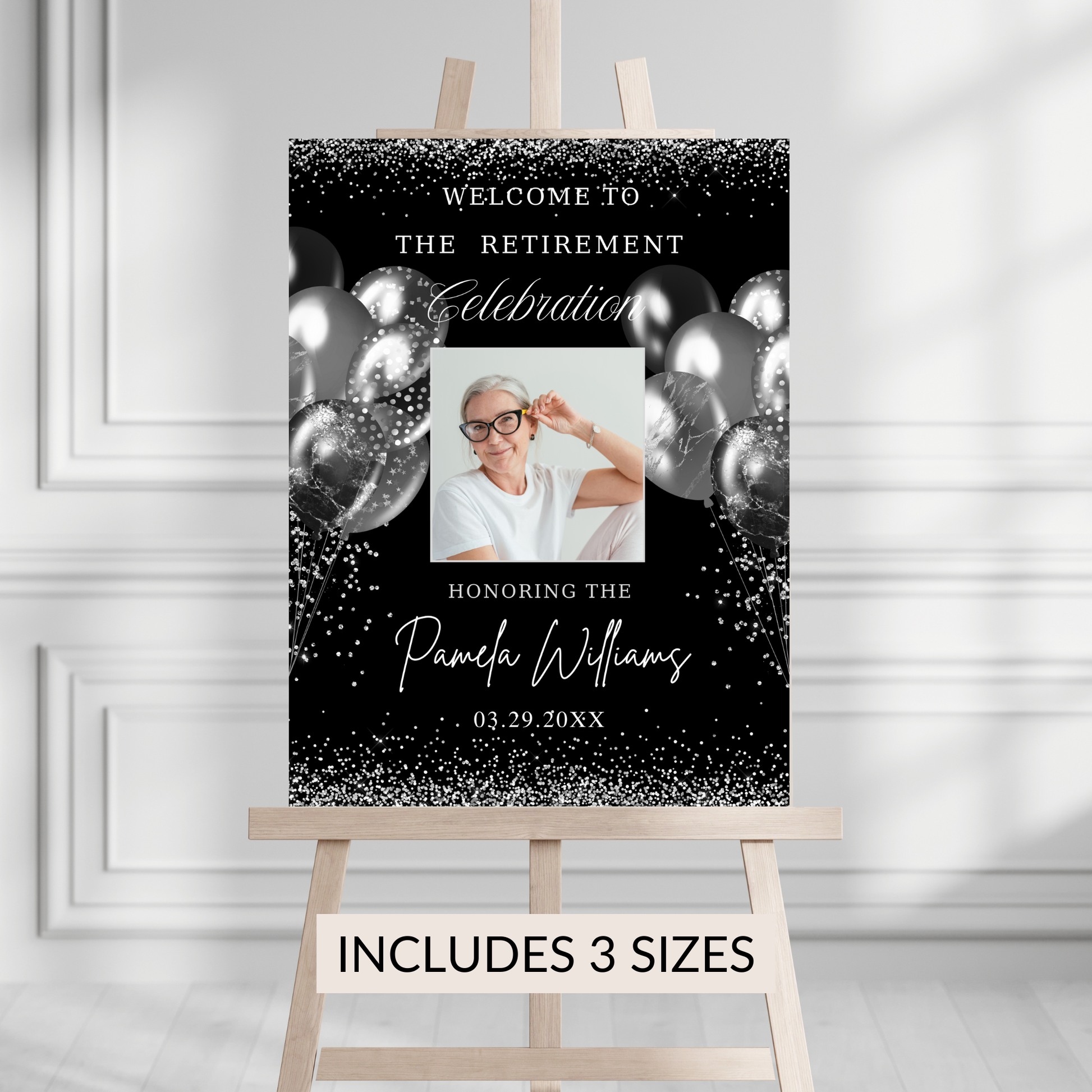 Editable Black and Silver Retirement Party Welcome Sign