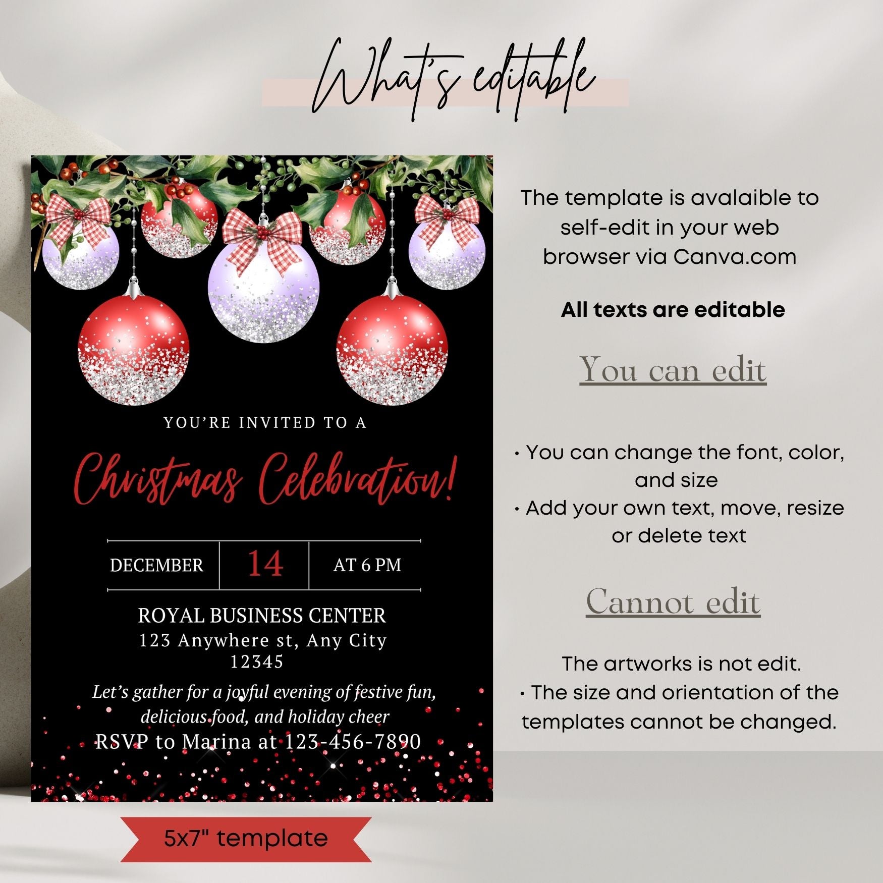 Red and silver Christmas invitation template with editable text on a white background