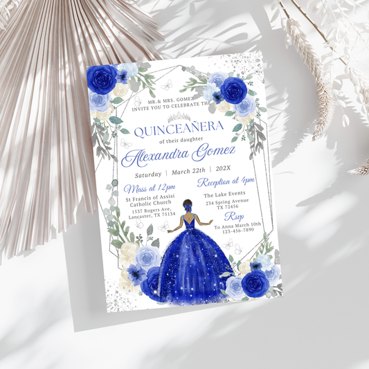 Quinceañera invitation with Royal blue floral design on a white background
