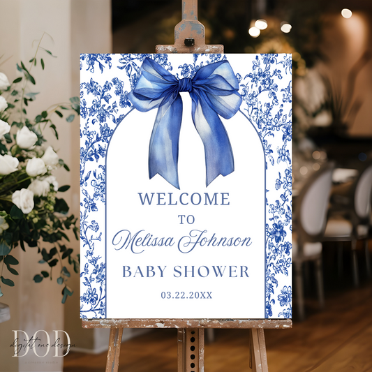Blue Toile De Jouy Baby Shower Welcome Sign Template