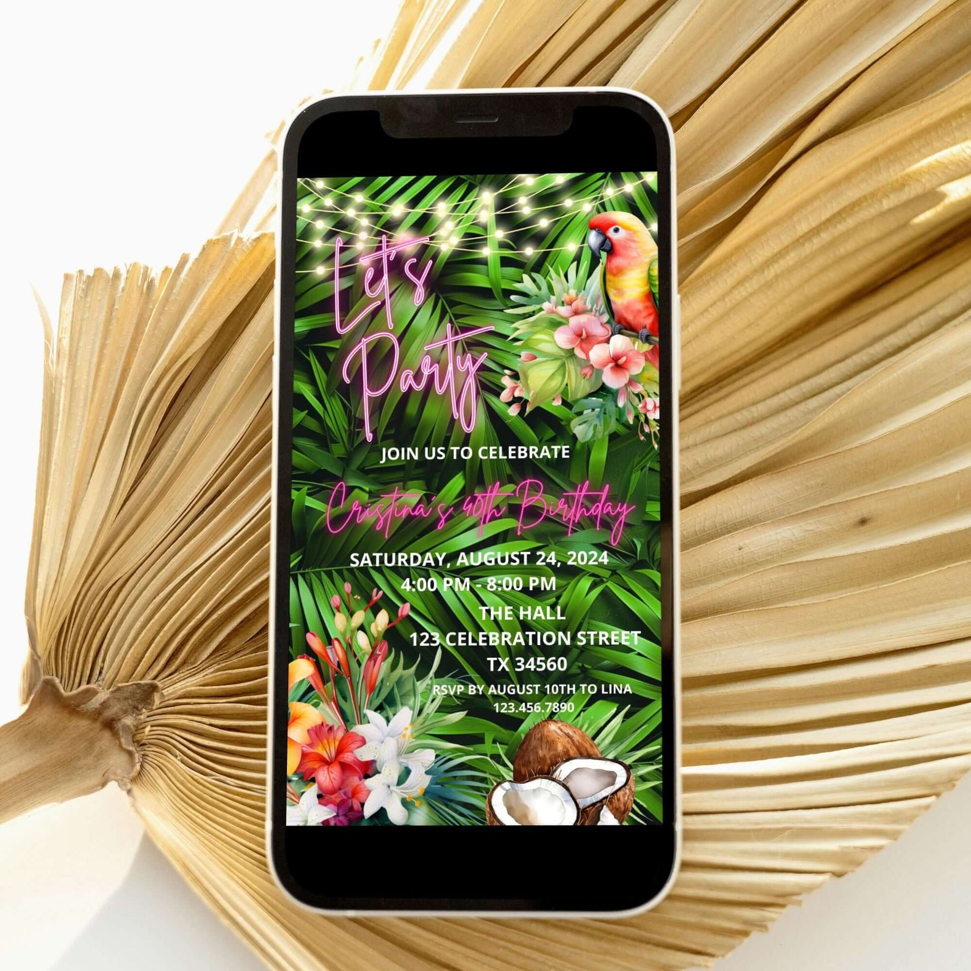 Digital tropical birthday invitation on a phone with neon text and palm leaves for a fun party.