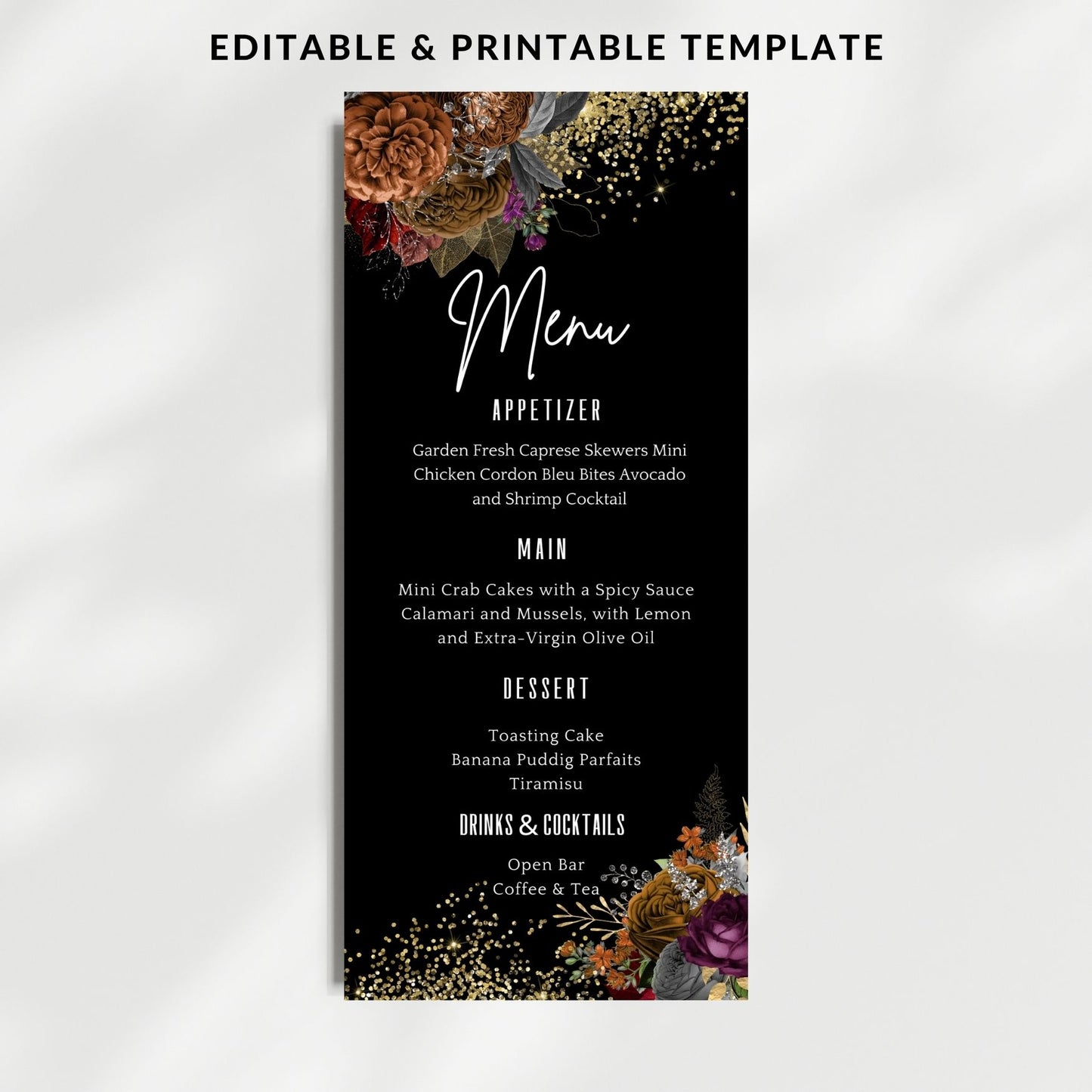 Elegant Flowers Fall Menu template with floral design on a black background