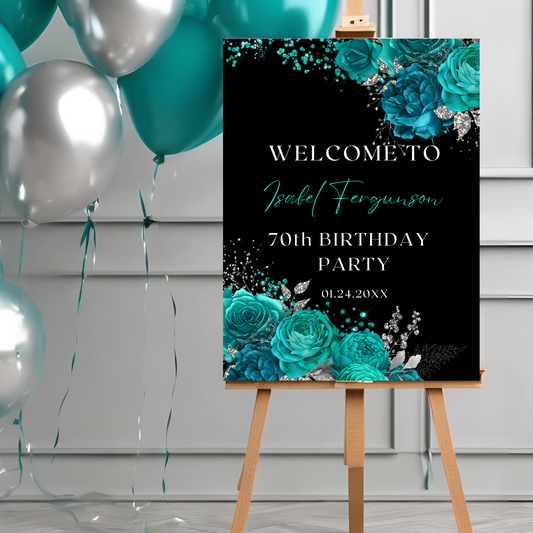 Teal & Silver Floral Welcome Sign Template