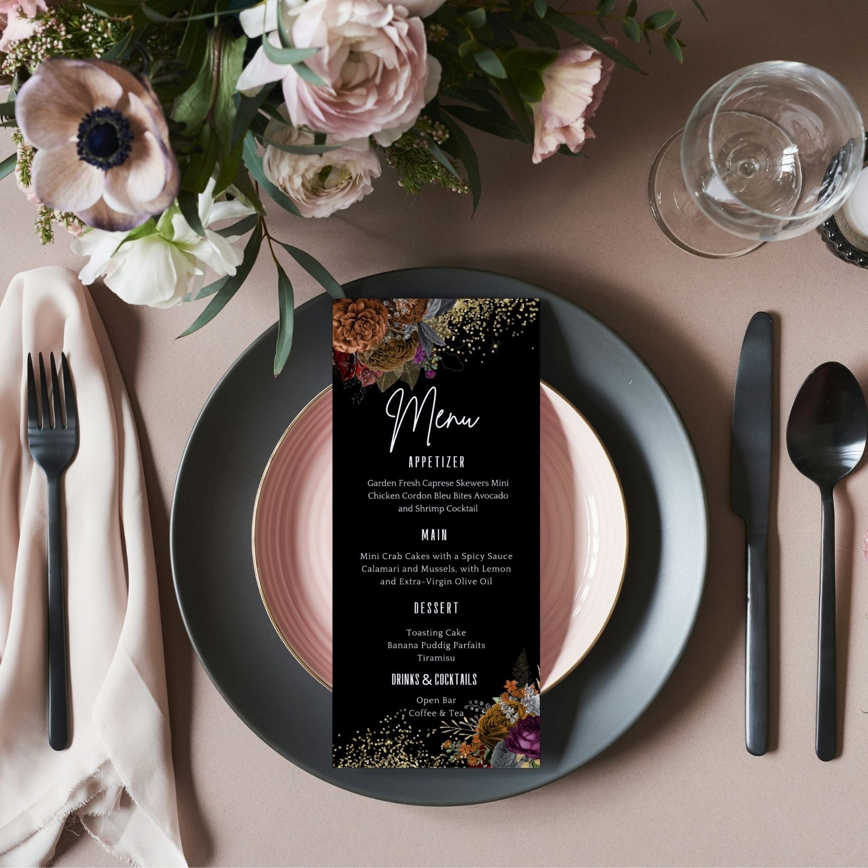 Table setting with flowers, plates, cutlery, and a Autumn Floral menu card on a beige surface.