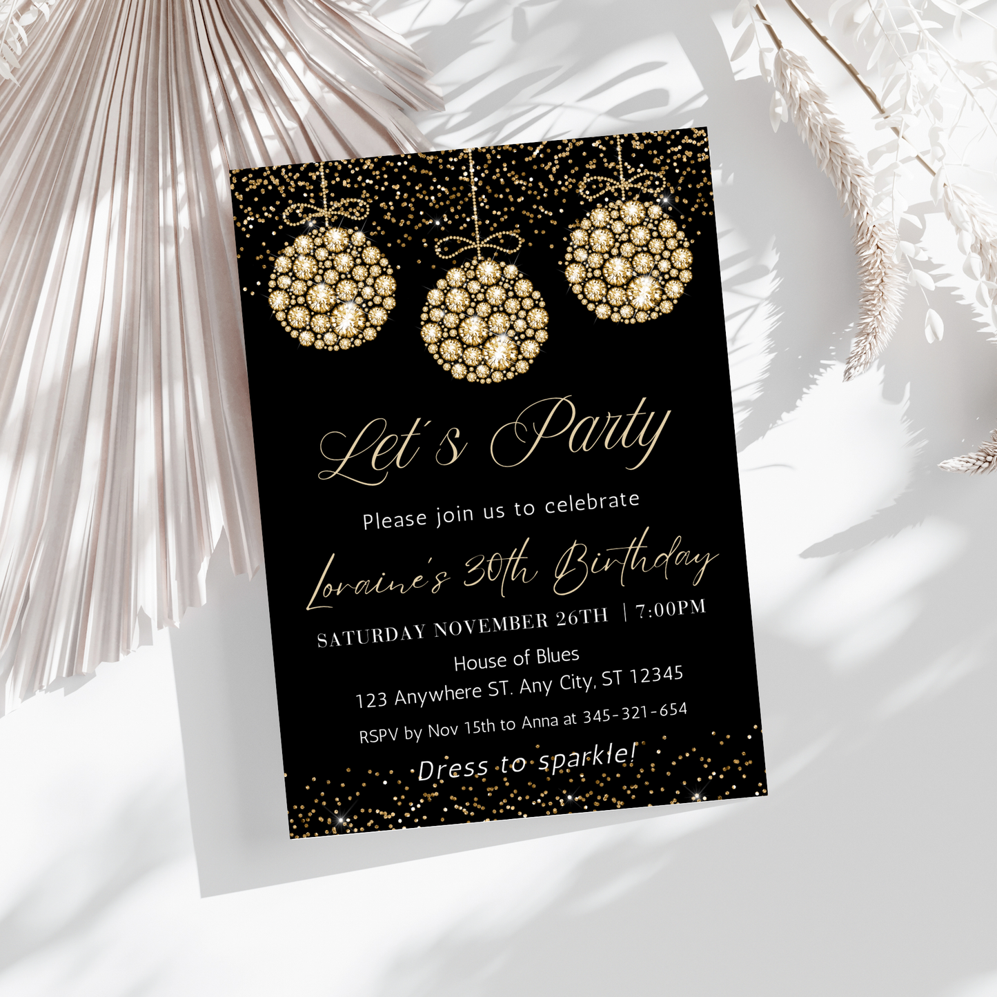 Gold Diamonds Ornaments Birthday Invite