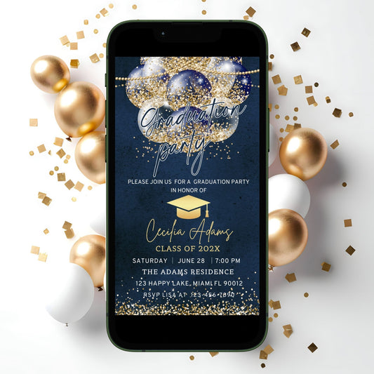 Navy Blue and Gold Ballon Graduation Invitation