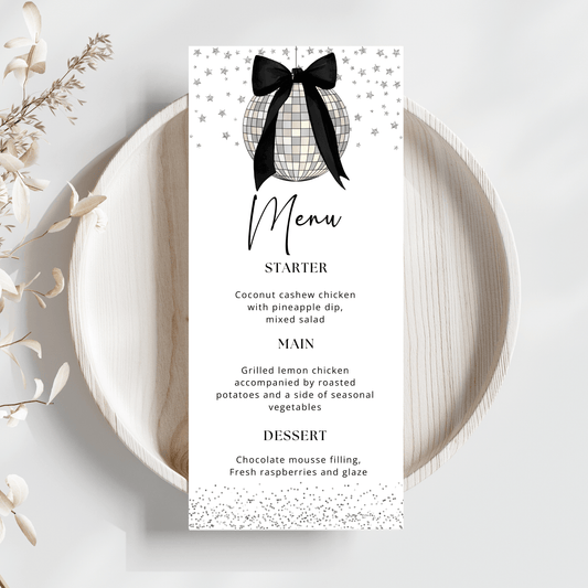 Black Bow Disco Ball Menu Card Template
