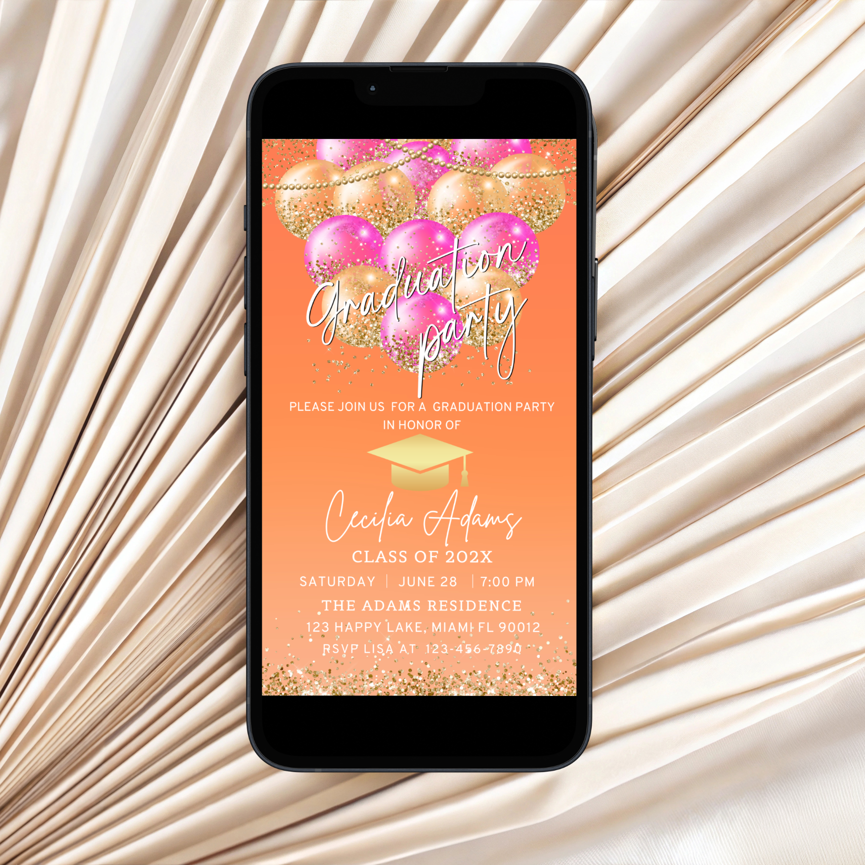 Editable Hot Pink & Orange Graduation Party Invitation