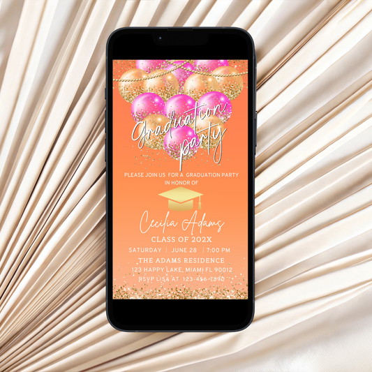 Editable Hot Pink & Orange Graduation Party Invitation
