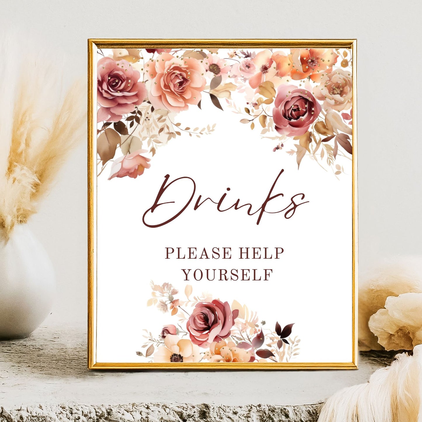 Decorative sign with Burgundy Pink floral design and text on a white background