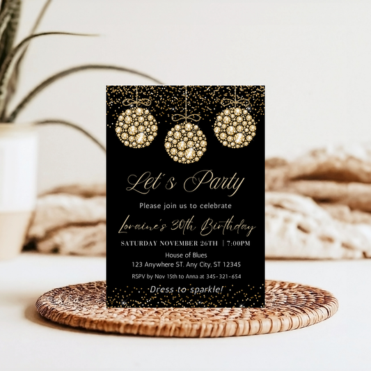 Gold Diamonds Ornaments Birthday Invite