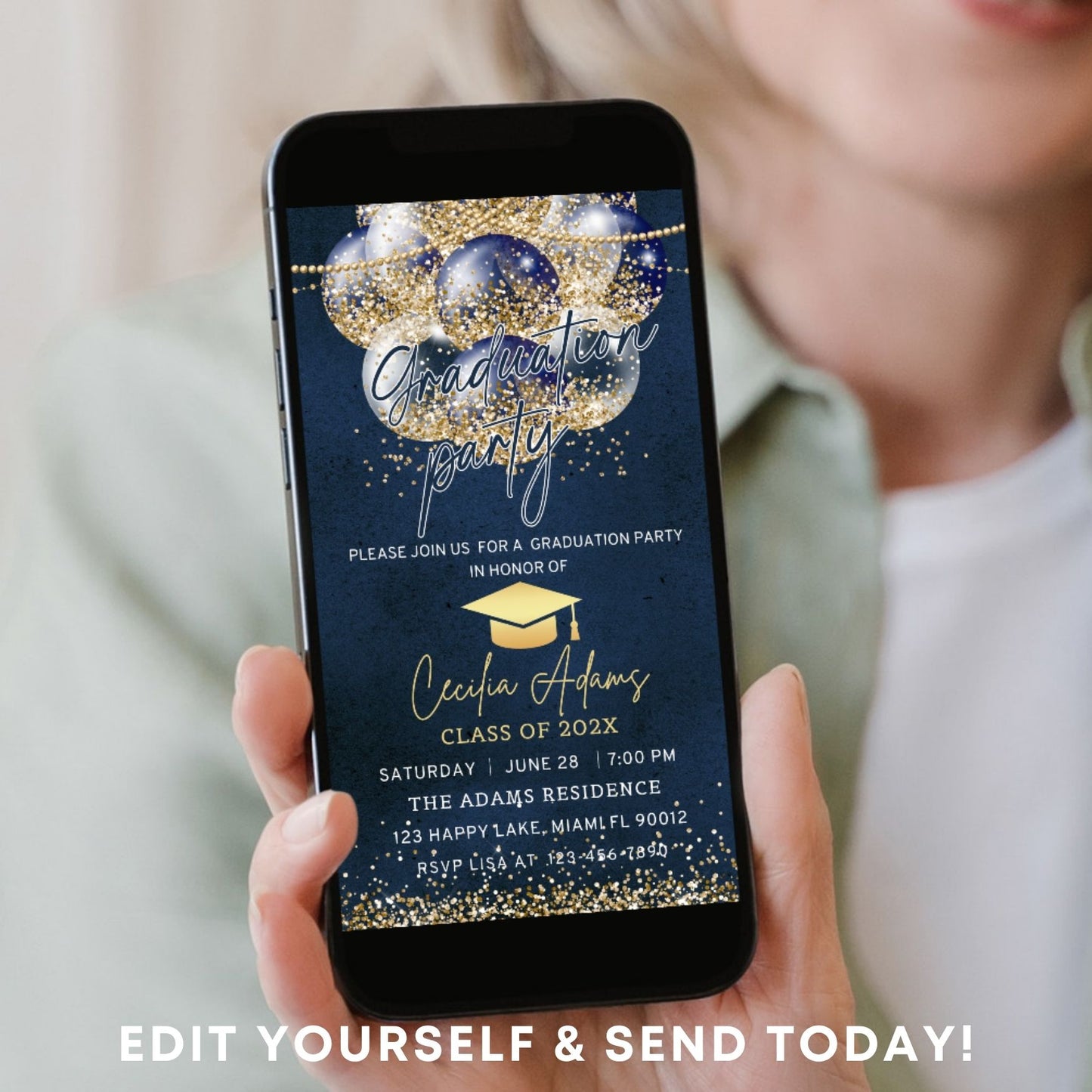 Navy Blue and Gold Ballon Graduation Invitation