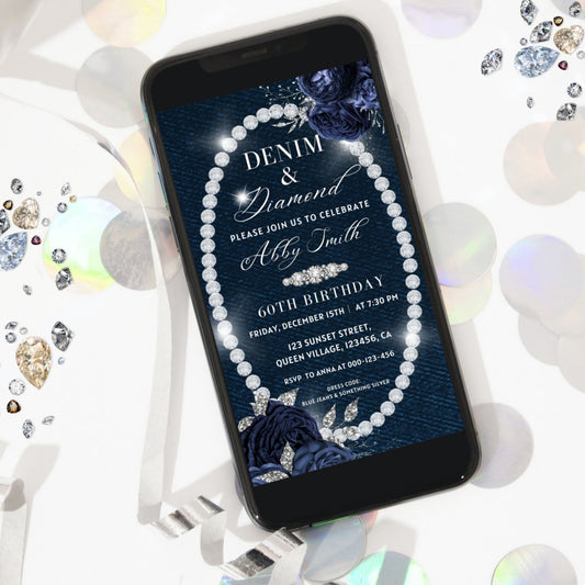Editable Denim and Diamonds Birthday Invitation