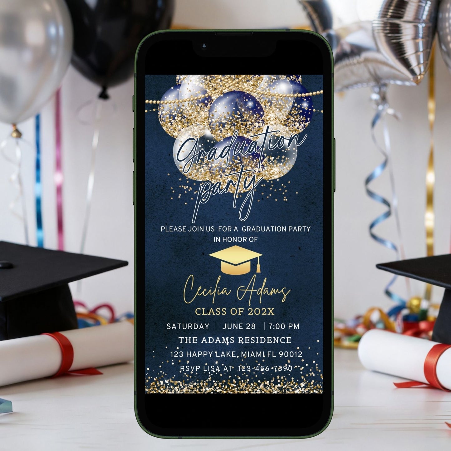 Navy Blue and Gold Ballon Graduation Invitation