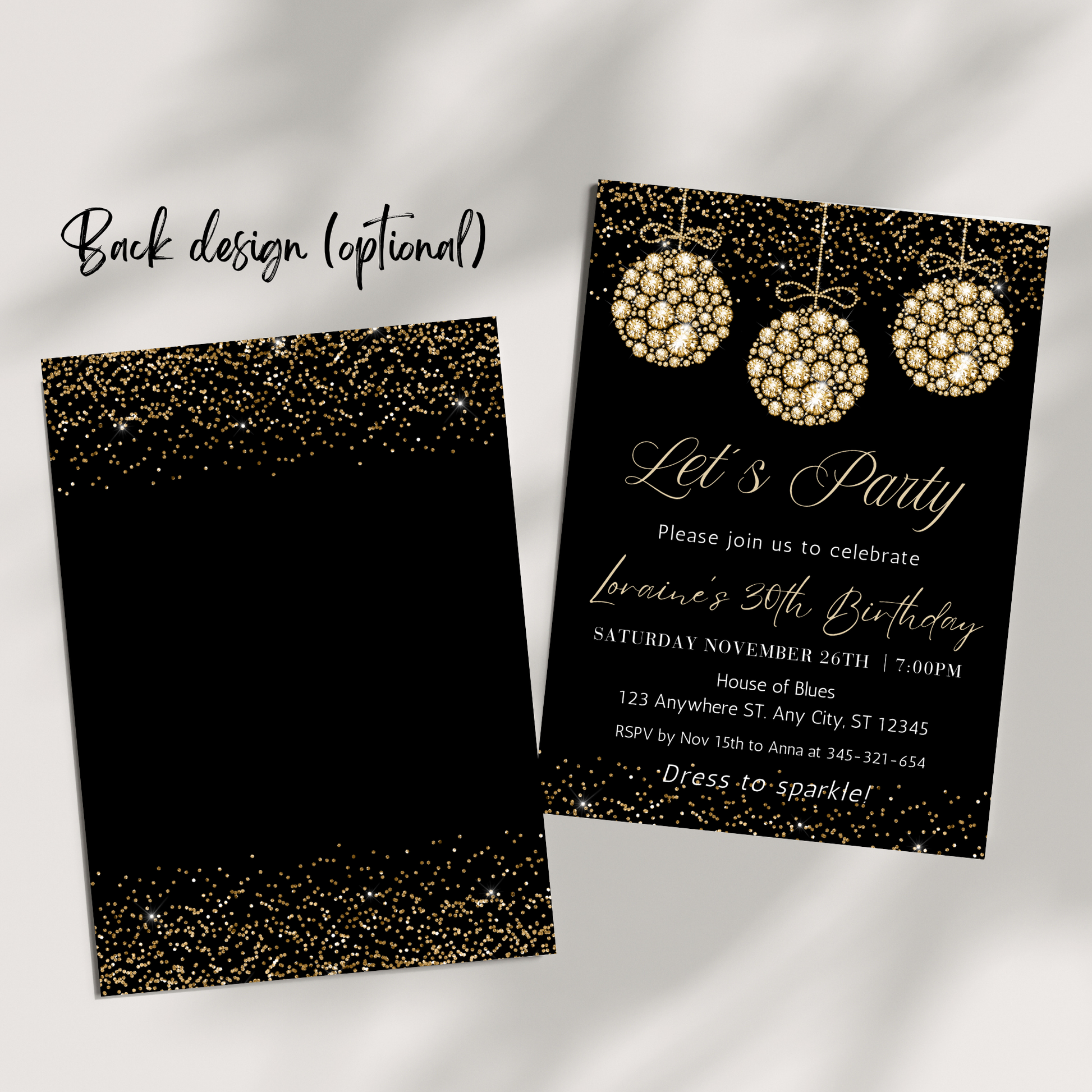 Gold Diamonds Ornaments Birthday Invite