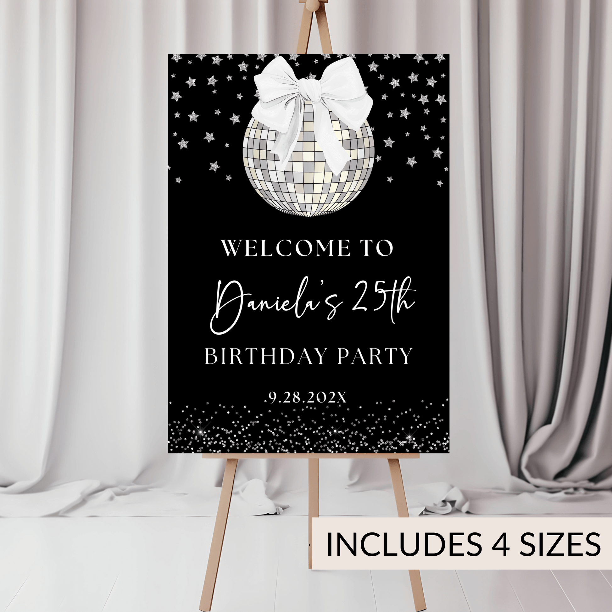 Editable Silver Disco Ball Welcome Sign for parties