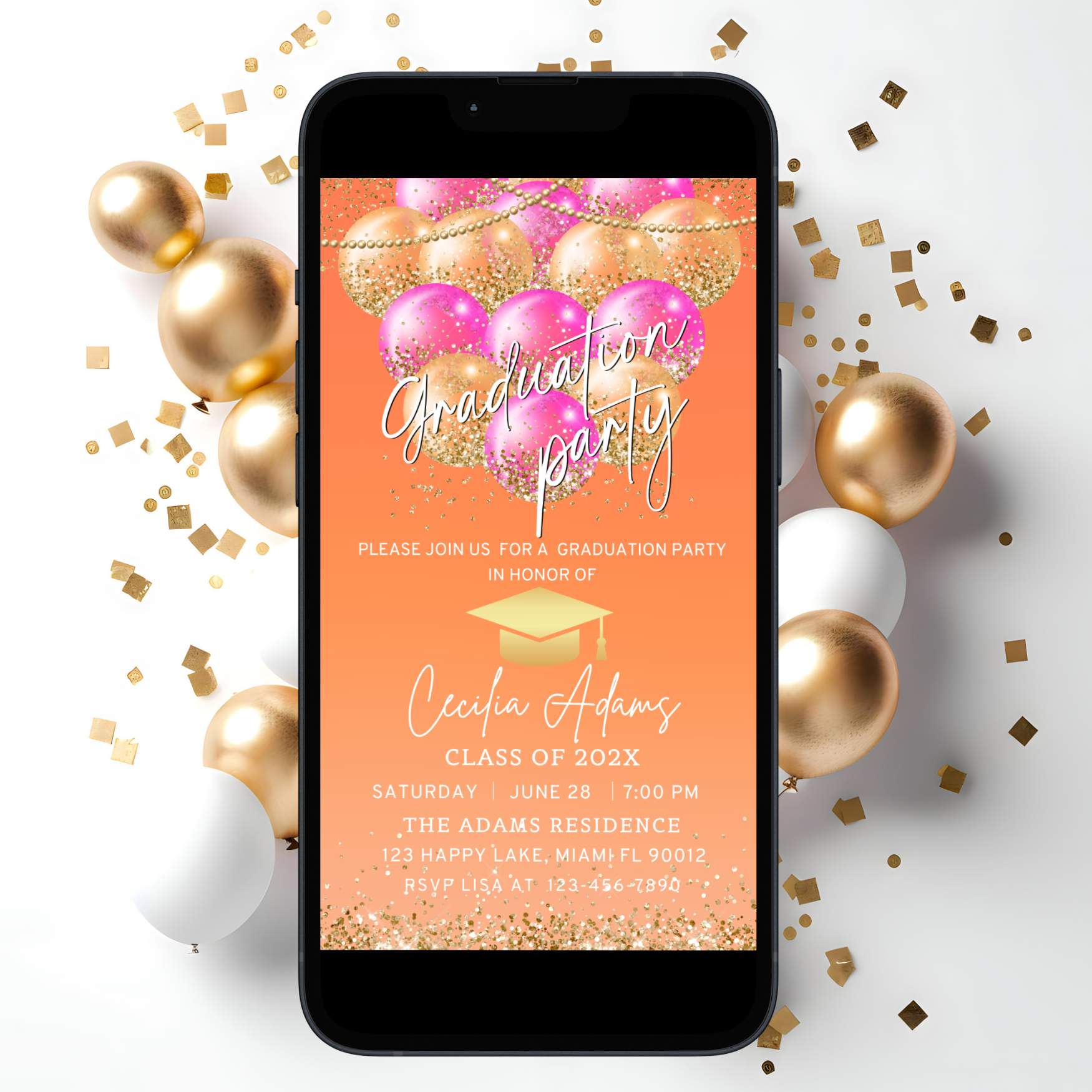 Editable Hot Pink & Orange Graduation Party Invitation
