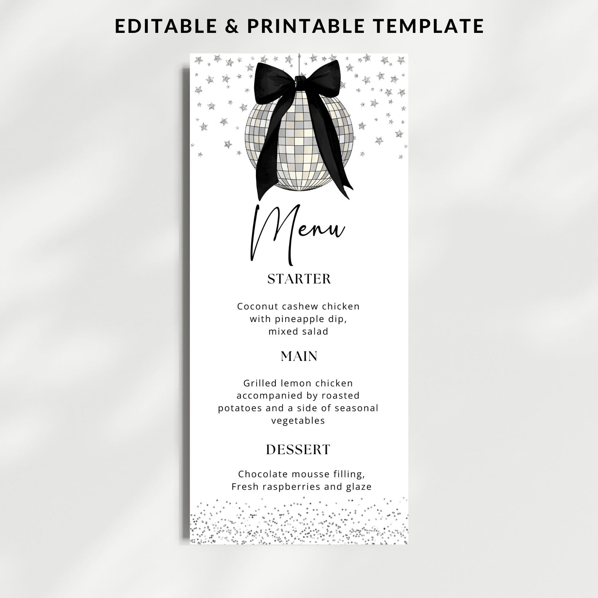 Printable Silver Disco Ball with Black Bow Menu Card