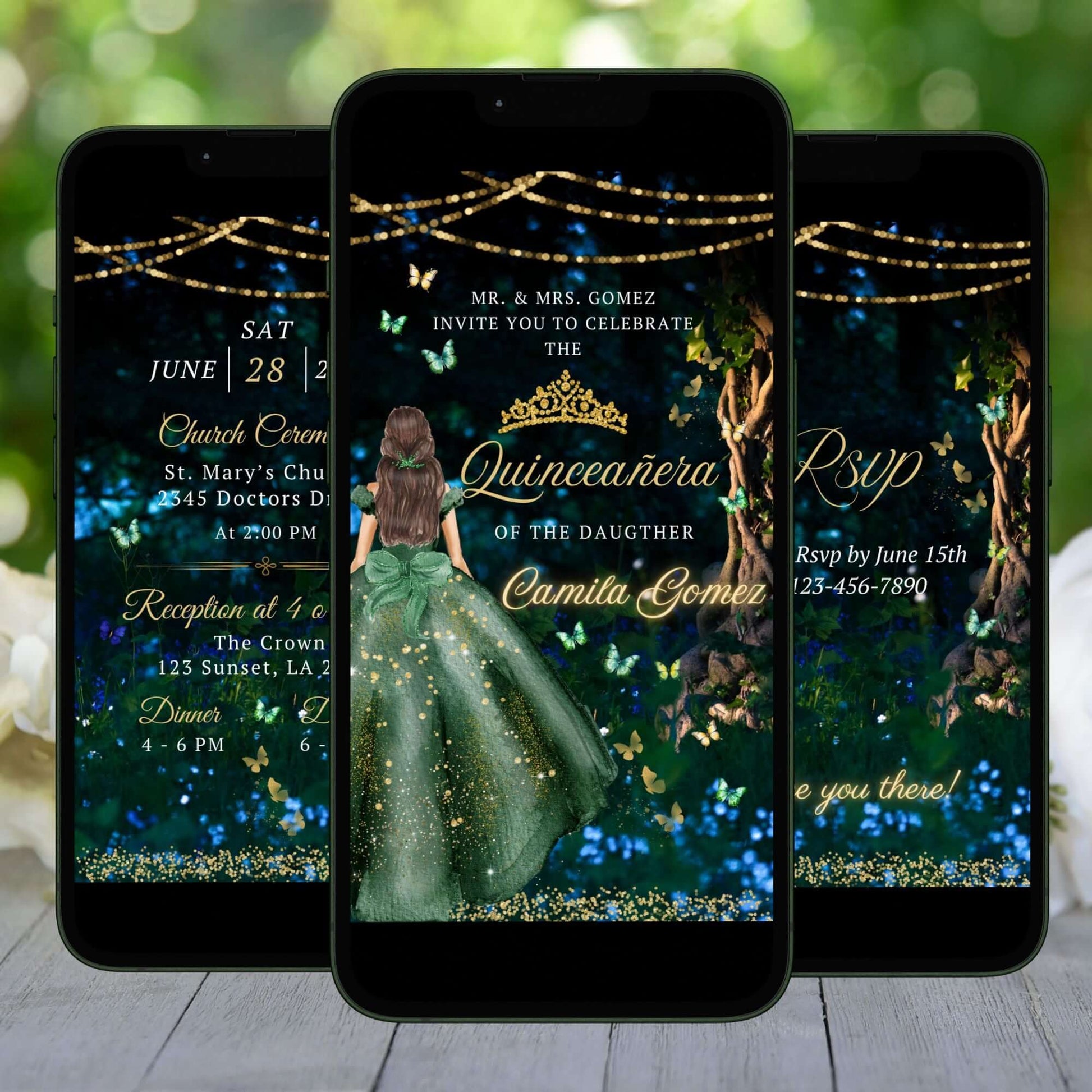 Enchanted Forest Green and Gold Quinceanera Invitation