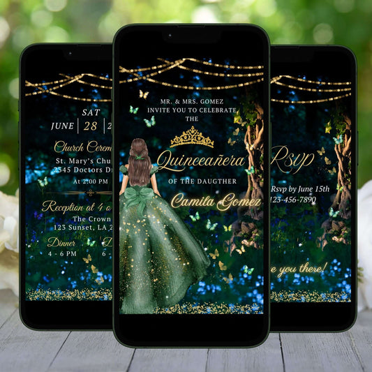 Enchanted Forest Green and Gold Quinceanera Invitation