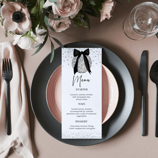 Elegant Coquette Bow & Disco Ball Menu Card